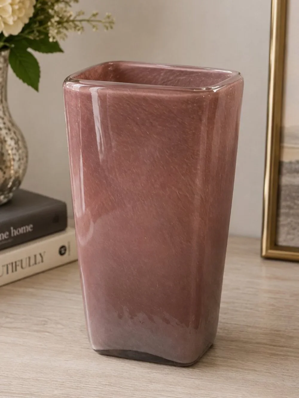 Vintage Mauve Pink Art Glass Square Vase Hand Blown Modernist 8